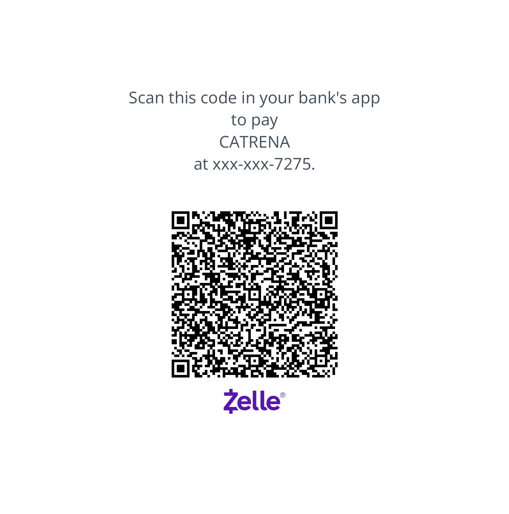 Zelle QR code to pay Catrena at 859-684-7275